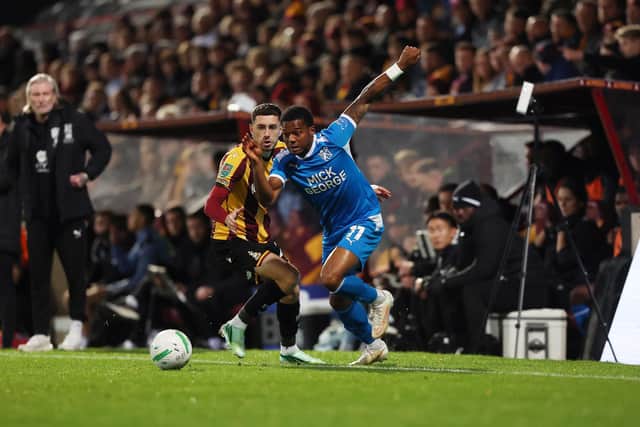Owura Edwards in action for Peterborough United against Bradford. Photo: Joe Dent.
