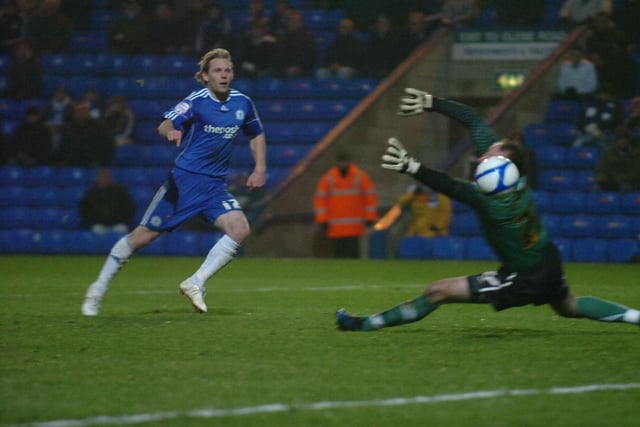 The lowest FA Cup gate at London Road (when fans were allowed in) is the 2,312 which saw Posh beat Stockport County 4-1 in a first round replay. Craig Mackail-Smith (pictured), Lee Tomlin, Aaron Mclean and Kelvin Langmead scored the goals.