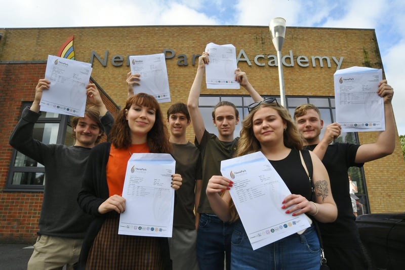 Students Amber Bunning, Eva Woods, Callum Letman, Jacob Norris, Josh Ford and Louis Westwood pick up their results.