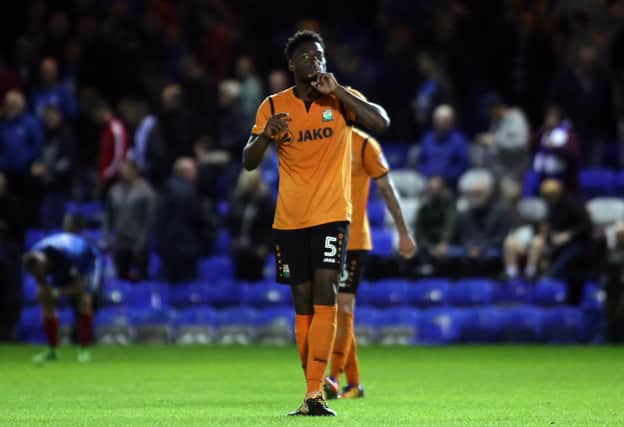 Barnet centre-back Ricardo Santos after his side's win at London Road in a 2017 EFL Cup match. Photo: Joe Dent/theposh.com.