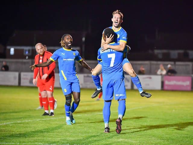 Jordan Nicholson celebrates a goal for Peterborough Sports earlier this season. Photo: James Richardson.