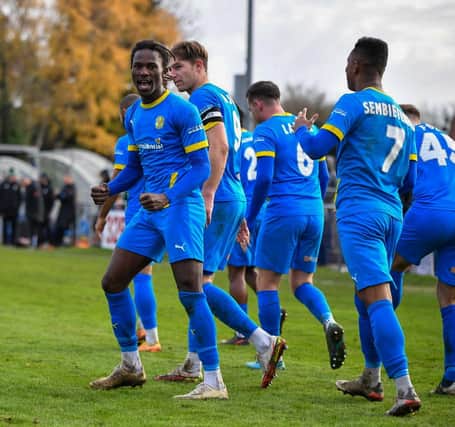Manice Sani celebrates a winning goal for Peterborough Sports against Farsley Celtic last weekend. Photo: James Richardson.