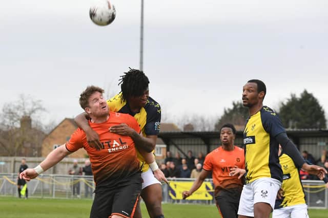 Match-winner Michael Gash (orange) in action for Peterborough Sports against Kidderminster Harriers. Photo: David Lowndes.