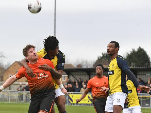 Match-winner Michael Gash (orange) in action for Peterborough Sports against Kidderminster Harriers. Photo: David Lowndes.