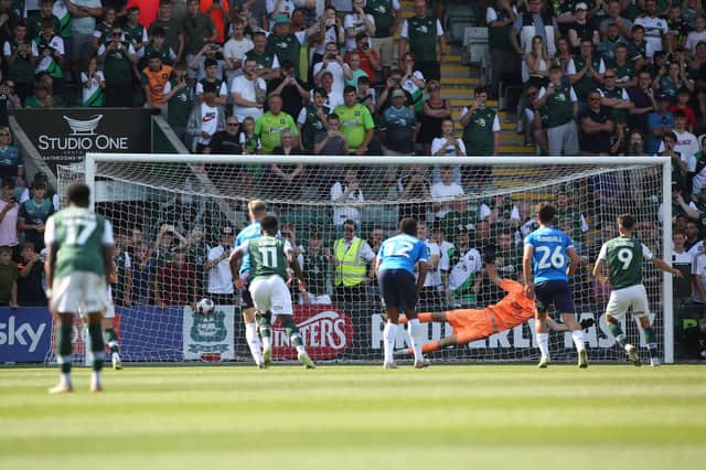 Ryan Hardie of Plymouth Argyle scores from the penalty spot past Lucas Bergstrom of Peterborough United. Photo: Joe Dent/theposh.com