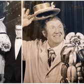 Ifor Williams pictured in The Stilton Club, having a beer with his horse, Banjo (left), and photographed with his red, white and blue sausages for the Queens Silver Jubilee.