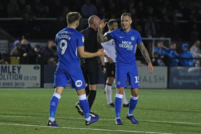 Joe Ward and Matt Godden celebrate the former's FA Cup goal for Posh at Bromley in 2018. Photo Joe Dent/theposh.com.