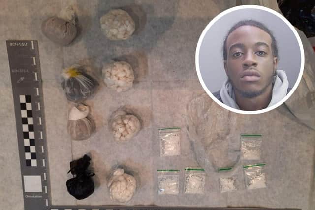 Shamar Williams and some of the drugs found by police