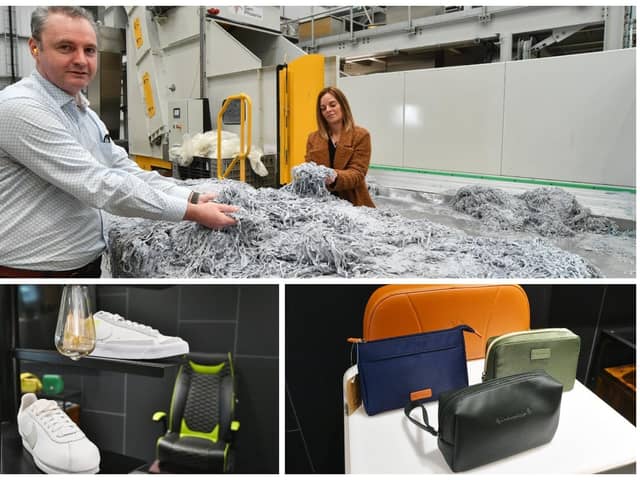 Top, Mark Harvey, chief financial officer with Gen Phoienix of Peterborough, and Nicola​​​​ Rapley, marketing communications manager, with some of the waste leather as it is transformed for use in a range of new products. Below, some of the new products that are being created with the new sustainable recycled leather.