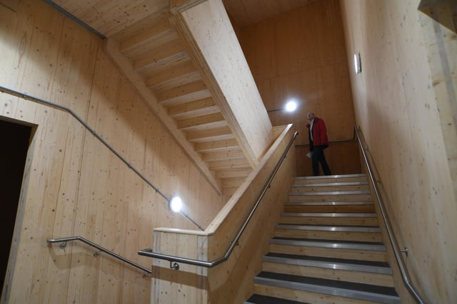 The wooden main staircase is a natural and attractive feature of the Peterborough Research and Innovation Centre.