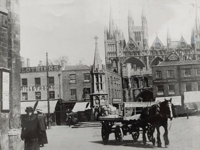 A view of Peterborough Cathedral more than 100 years ago from the Market Place - what is now Cathedral Square