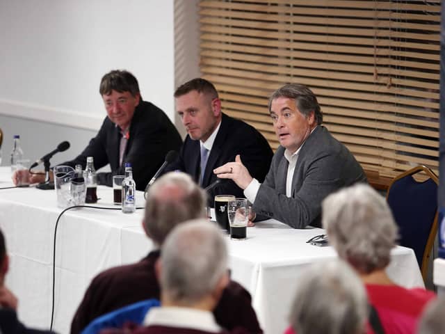 From the left, Dr Jason Neale, Darragh MacAnthony and Stewart Thompson at a fans' forum. Photo: Joe Dent/theposh.com