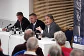 From the left, Dr Jason Neale, Darragh MacAnthony and Stewart Thompson at a fans' forum. Photo: Joe Dent/theposh.com