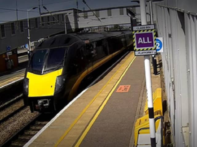 Station CCTV image of the train slowing down at Peterborough platform 1 following the overspeeding incident. Credit: LNER.