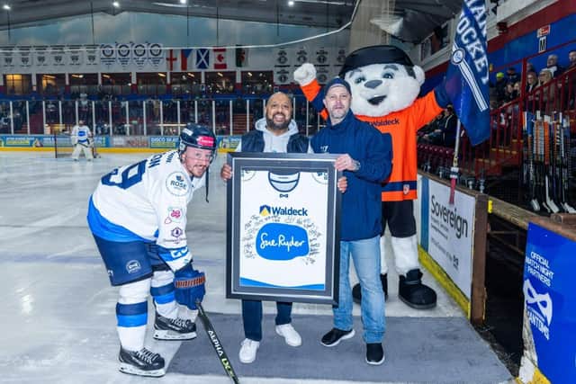 From left to right, head coach and one of the club directors, Slava Koulikov, Community Fundraiser at Sue Ryder Thorpe Hall Hospice, Asif Shaheed and team forward, Ales Padelek