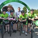 Cyclists with Whirlpool staff as they arrived at the offices in Woodston, Peterborough, as part of their nationwide tour to promote the benefits of recycling.