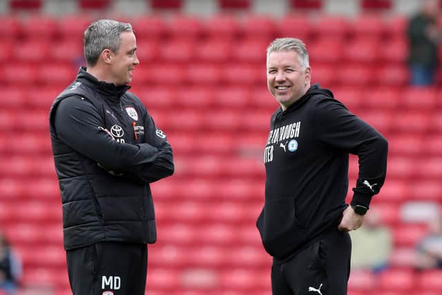 Peterborough United Manager Darren Ferguson and Barnsley Manager Michael Duff (left) before the match at Oakwell. Photo: Joe Dent/theposh.com.