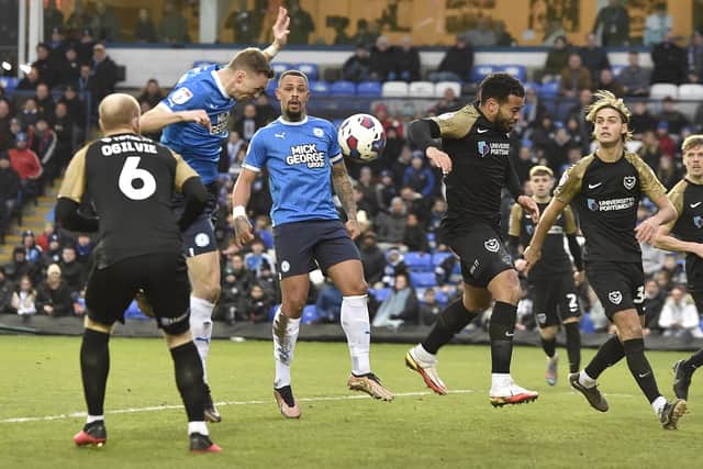 Posh midfielder Jack Taylor just missed the target with this header againts Portsmouth. Photo: David Lowndes.