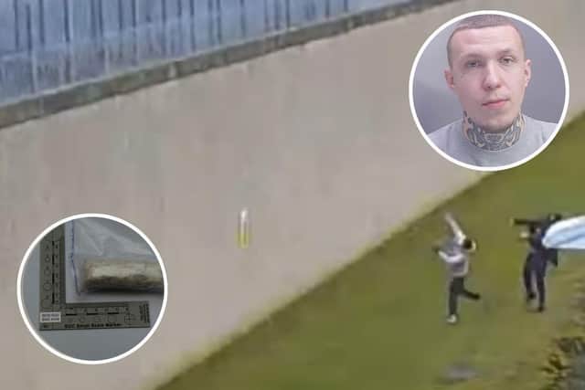 The moment Hubert Berus (inset) was caught throwing drugs into HMP Peterborough, and some of the drugs recovered