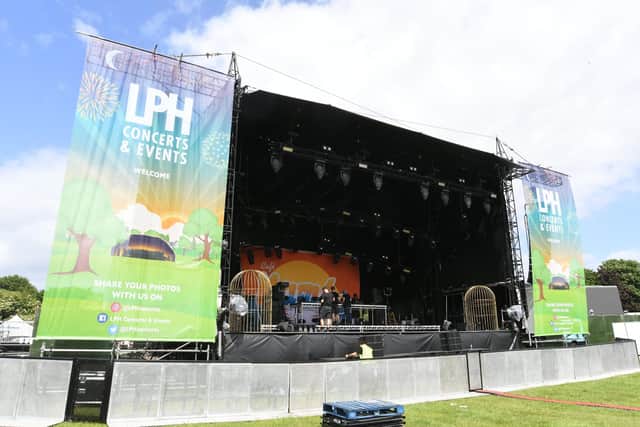 The giant music festival stage at the Embankment