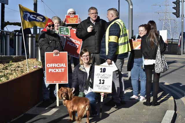 Pickets outside the Passport Office, Fletton Quays.