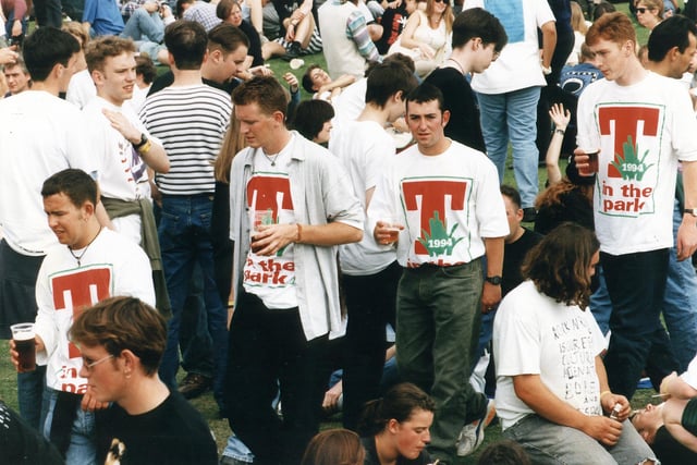 Music and beer lovers enjoy the first ever T in the Park festival, at Strathclyde Country Park, Glasgow, August 1994.