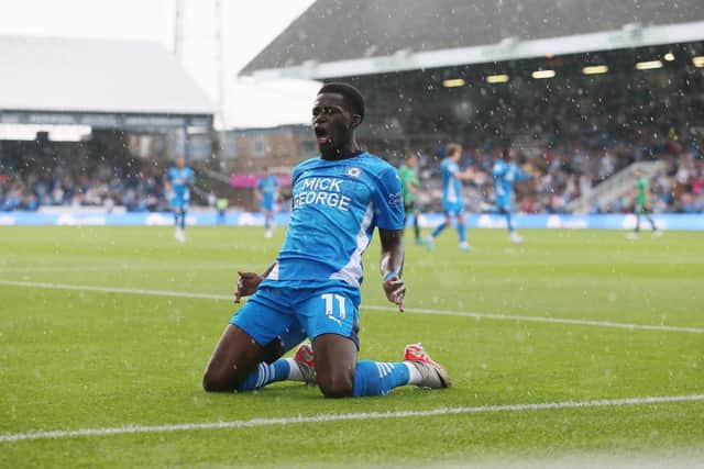 Kwame Poku celebrates his goal for Posh against Rovers. Photo Joe Dent/theposh.com
