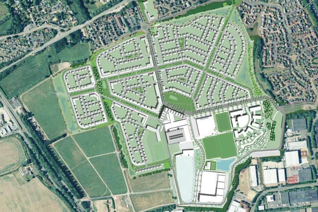 This image shows the proposed leisure village on the right of the East of England Showground site and the housing above it.