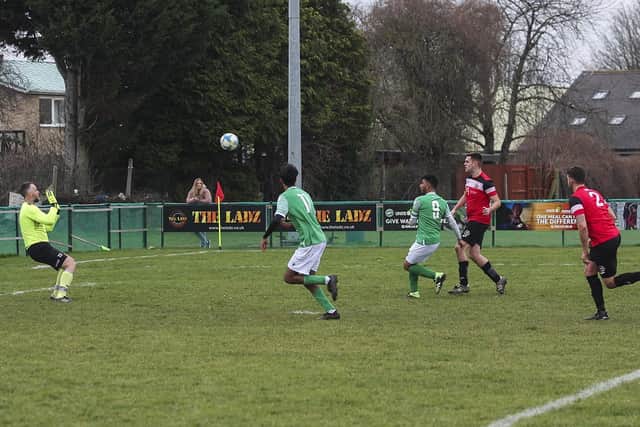 A goal for FC Peterborough v Tydd. Photo: Tim Symonds