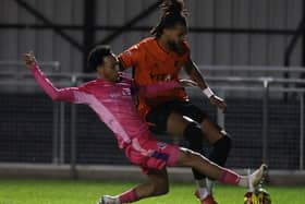 Action from Peterborough Sports (orange) v Leiston. Photo Darren Wiles.