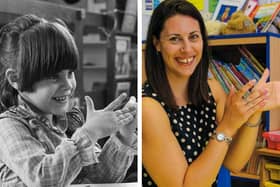 Samantha Potts at her desk in 1984 - and again on her return to Queens Drive Infants School in 2016