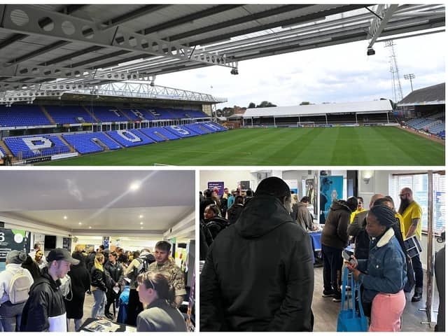 A Jobs Fair will be held at the Weston Homes Stadium in London Road, Peterborough, above. Attendees at previous Jobs Fairs, below