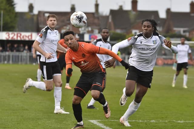 Dion Sembie-Ferris (left) in action for Peterborough Sports last season. Photo David Lowndes.