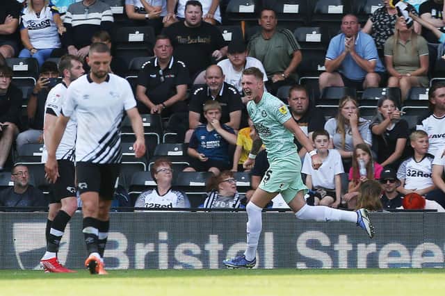 Josh Knight of Peterborough United celebrates his goal at Derby. Photo: Joe Dent/theposh.com.
