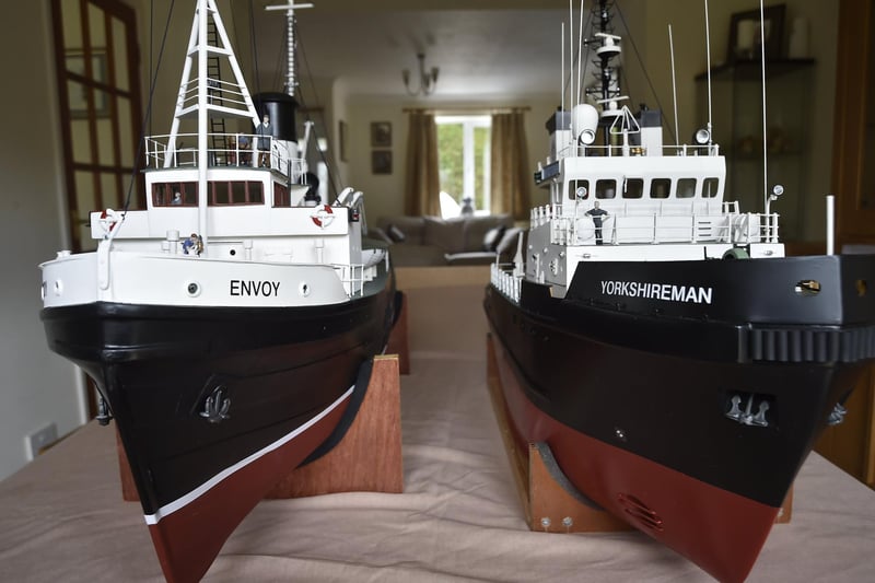 John Gardner with his models of the Yorkshireman and Envoy tugs.