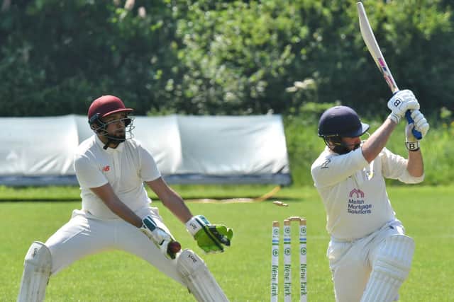Burghley Park batsman David Platt is bowled in the Rutland Division One fixture at City CC. Photo David Lowndes.