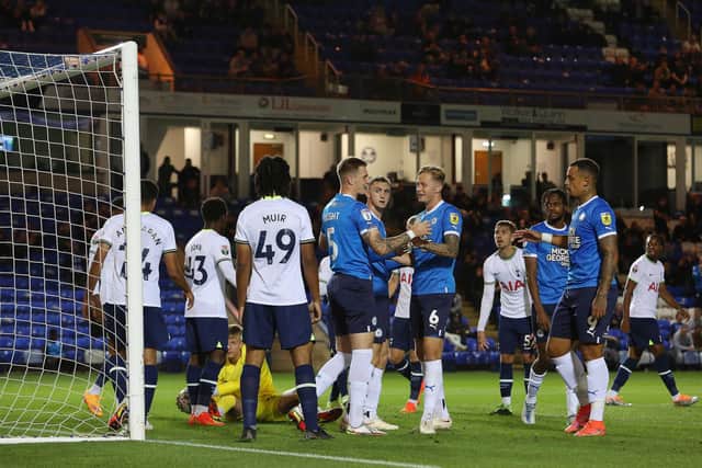 Josh Knight (left) celebrates his goal for Posh against Spurs Under 21s. Photo: Joe Dent/theposh.com.