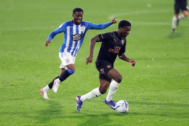Bolu Shofowoke in action for Posh at Huddersfield Town. Photo Joe Dent/theposh.com.
