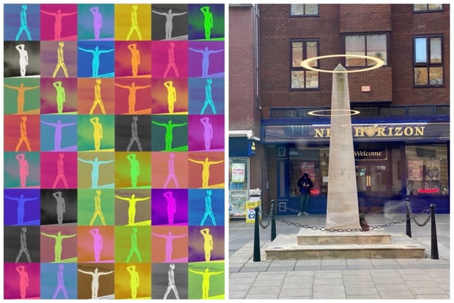 Antony Gormley's Places To Be June 2022 and Reflection of lights War Memorial, Bridge Street February 2022