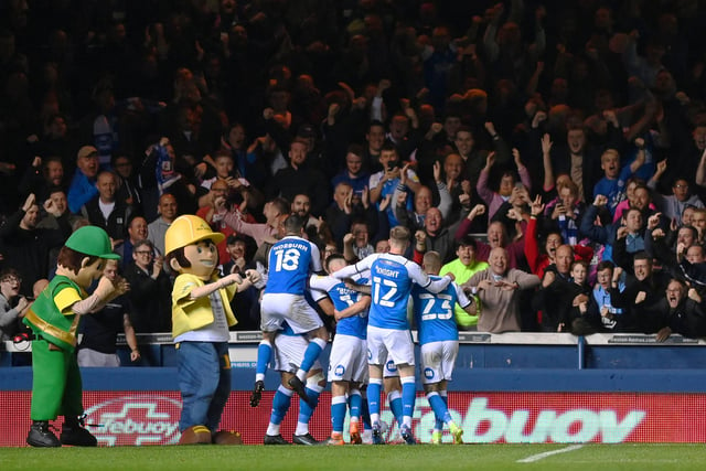 Posh celebrate a goal in the match with Cardiff City at London Road on August 17, 2021.