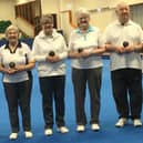 English Bowling Federation presidents Trevor Flatt and Irene Ballam are pictured with the winning Northants rink (left to right) Rosemary Roberts, Chris Ford, Elizabeth Wallace and Martin Wallace.