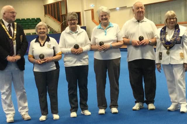 English Bowling Federation presidents Trevor Flatt and Irene Ballam are pictured with the winning Northants rink (left to right) Rosemary Roberts, Chris Ford, Elizabeth Wallace and Martin Wallace.