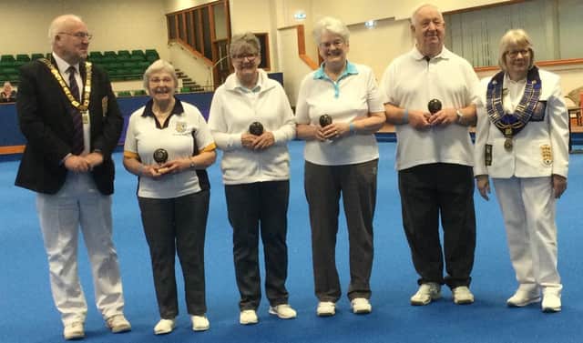 English Bowling Federation presidents Trevor Flatt and Irene Ballam are pictured with the winning Northants rink (left to right) Rosemary Roberts, Chris Ford, Elizabeth Wallace and Martin Wallace.