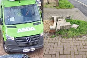 The delivery vehicle and the damaged wall in Oxney Road, Peterborough.