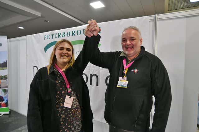 Jade Seager and Christian Hogg (Fletton and Stanground) pictured at Peterborough City Council local election count at the East of England Aren (image: David Lowndes)