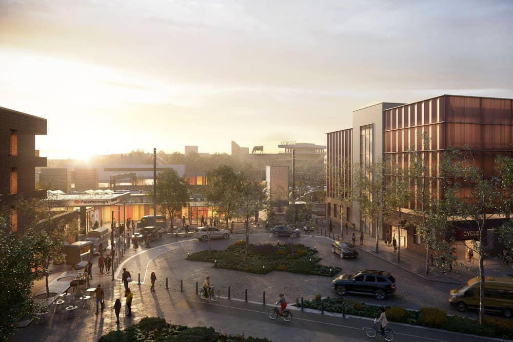 This image shows the western side proposals – a new multi-storey car park, passenger pick up and drop off for access into a new station building to platforms. The building to the left next to the station building is an example development plot that the project will unlock for future development and as a future use example, as shown here as residential flats.