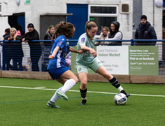 Evie Driscoll-King (right) in action for Posh Women at Leek Town. Photo: Ruby Red Photography