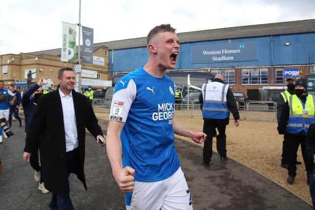 Ethan Hamilton celebrates the Posh promotion of 2020-21. Photo: Joe Dent/theposh.com