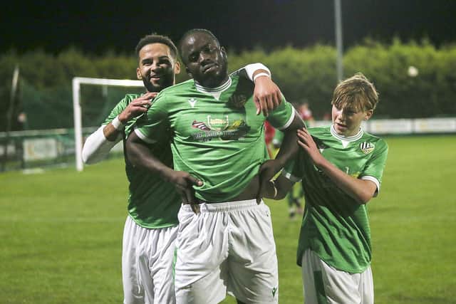 David Yisah after scoring for FC Peterborough in a handsome Hinchingbrooke Cup win over FC Parson Drove.