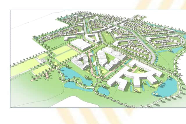 This image shows how the planned leisure village will appear, foreground, on the East of England Arena with the proposed housing beyond.
